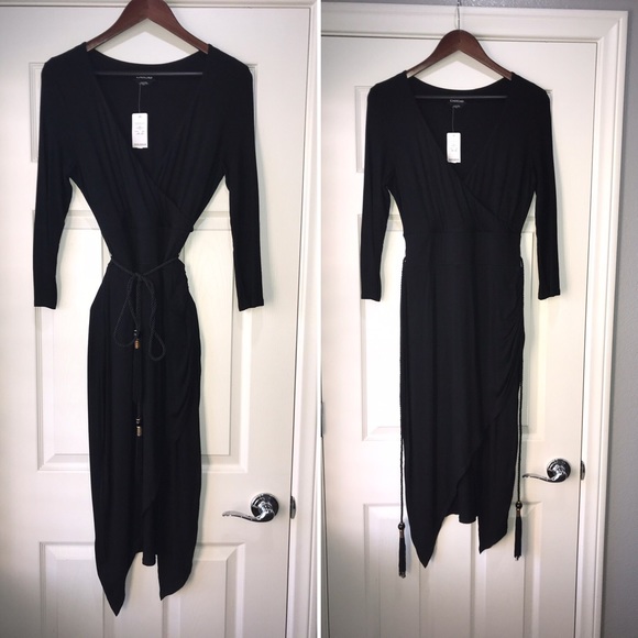 bebe Dresses & Skirts - BEBE BLACK TASSEL BELTED SLIT DRESS NWT STUNNING